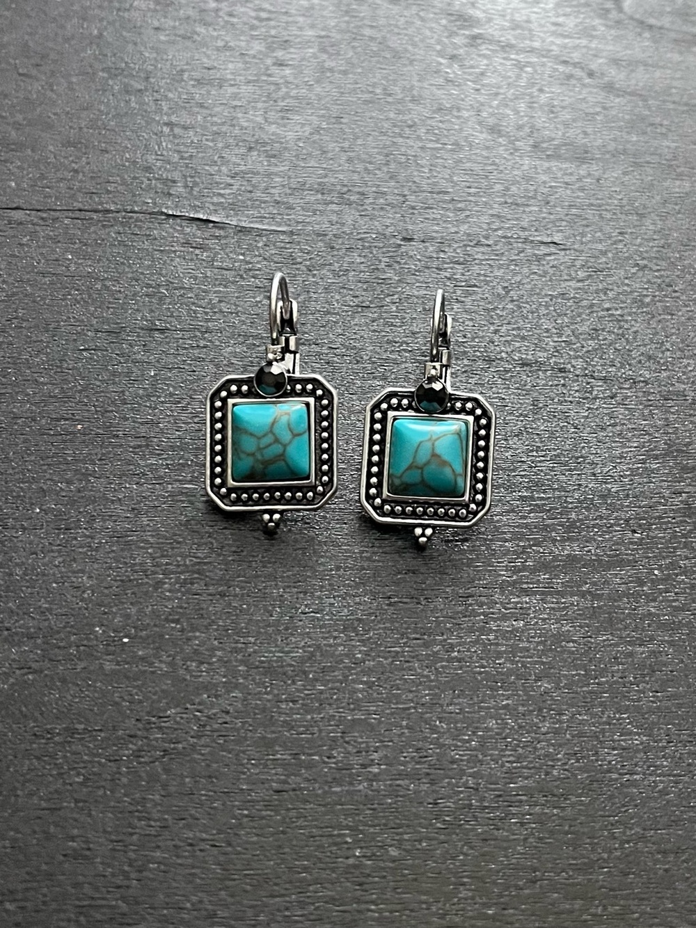 Turquoise Square Drop Earrings with Silver Beaded Frame